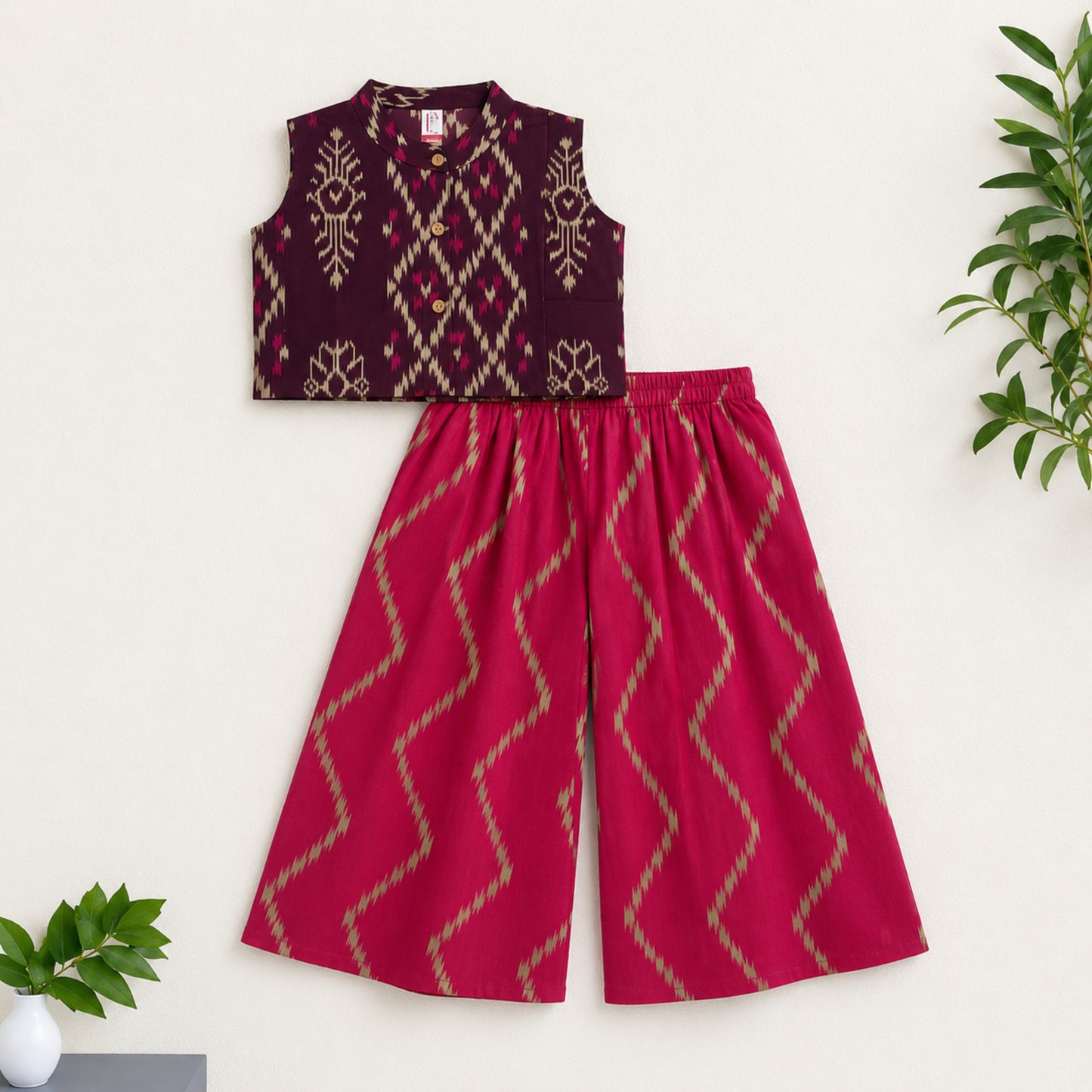 The Magic Wand Cotton Woven Ikat Printed Waiscoat And Chevron Printed Palazzo - Fuchsia