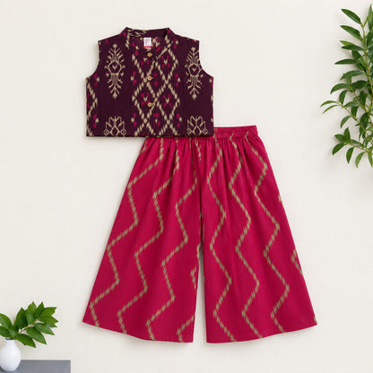 The Magic Wand Cotton Woven Ikat Printed Waiscoat And Chevron Printed Palazzo - Fuchsia