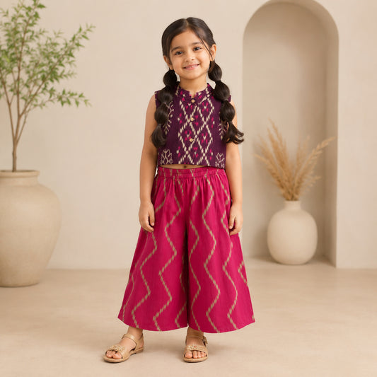 The Magic Wand Cotton Woven Ikat Printed Waiscoat And Chevron Printed Palazzo - Fuchsia