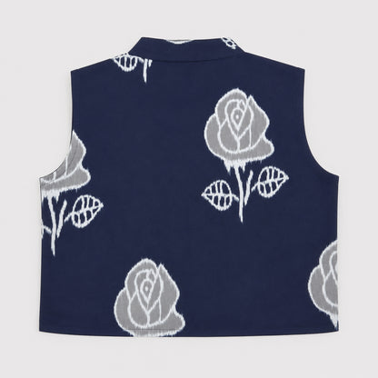 The Magic Wand Cotton Woven Floral Printed Waiscoat And Chevron Printed Palazzo - Navy Blue