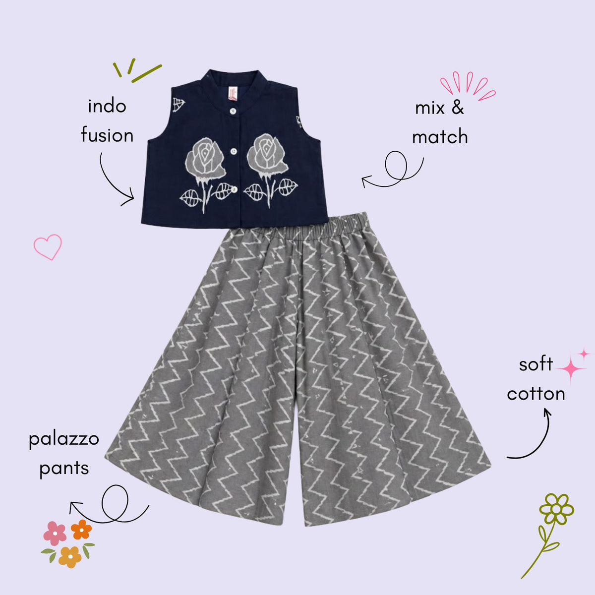 The Magic Wand Cotton Woven Floral Printed Waiscoat And Chevron Printed Palazzo - Navy Blue