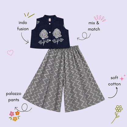 The Magic Wand Cotton Woven Floral Printed Waiscoat And Chevron Printed Palazzo - Navy Blue