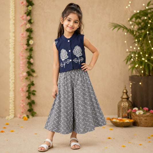 The Magic Wand Cotton Woven Floral Printed Waiscoat And Chevron Printed Palazzo - Navy Blue