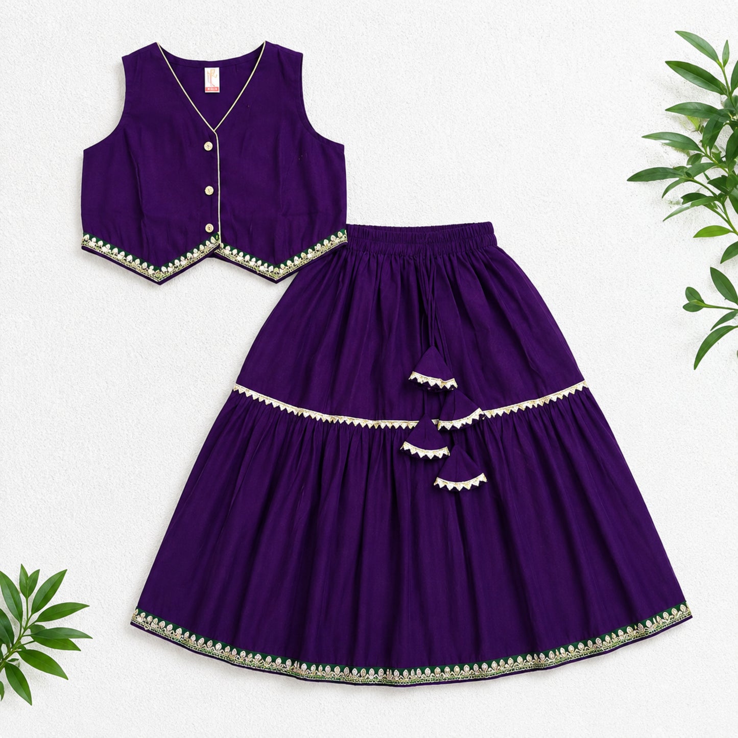 The Magic Wand Woven Sleeveless Contrast Lace Waistcoat Style Choli And Lehenga Set - Purple