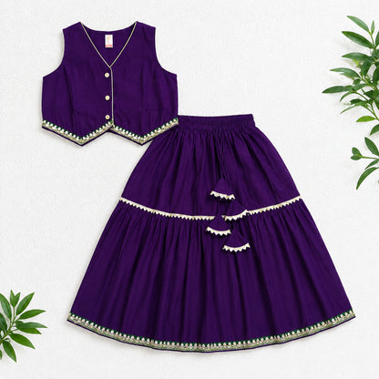The Magic Wand Woven Sleeveless Contrast Lace Waistcoat Style Choli And Lehenga Set - Purple