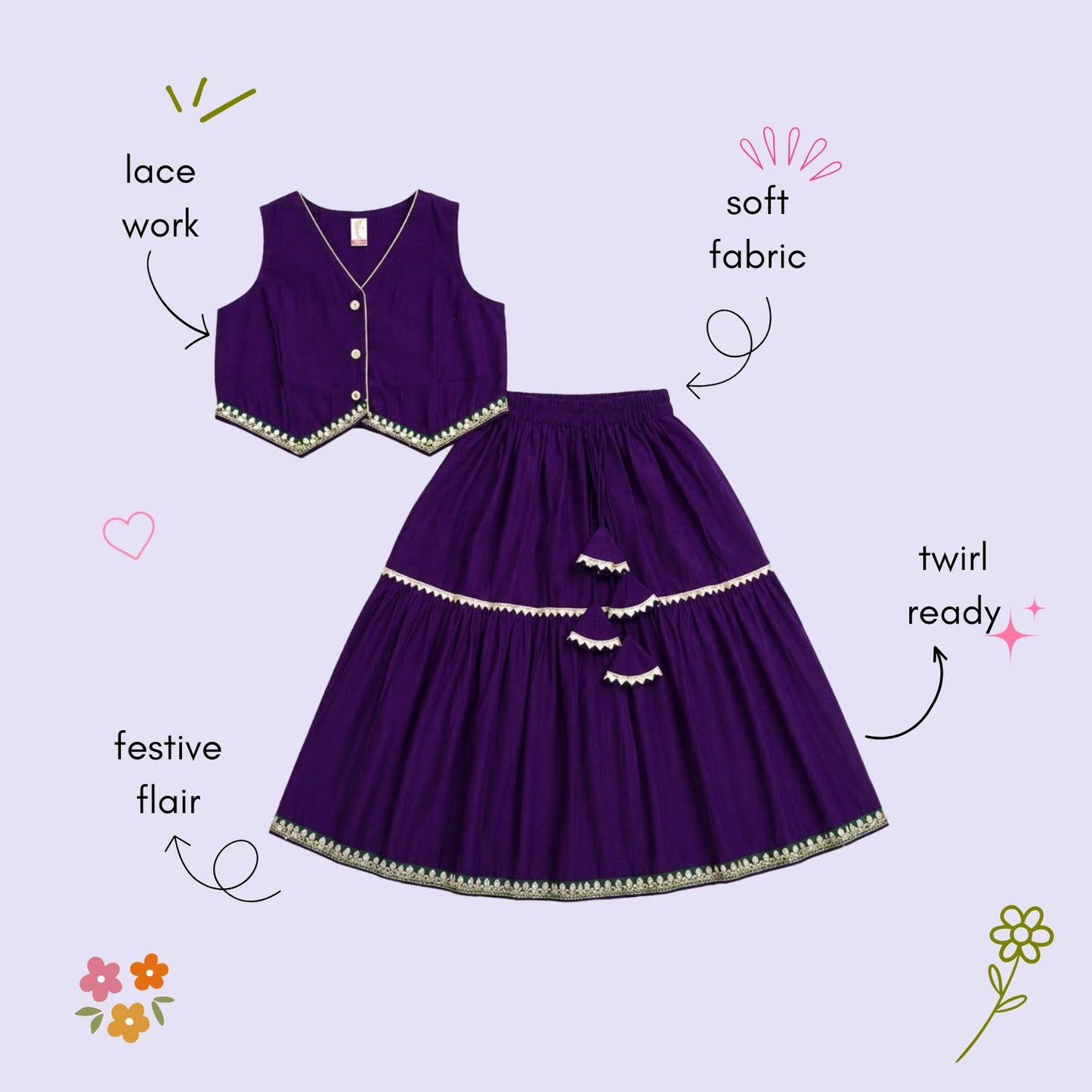 The Magic Wand Woven Sleeveless Contrast Lace Waistcoat Style Choli And Lehenga Set - Purple