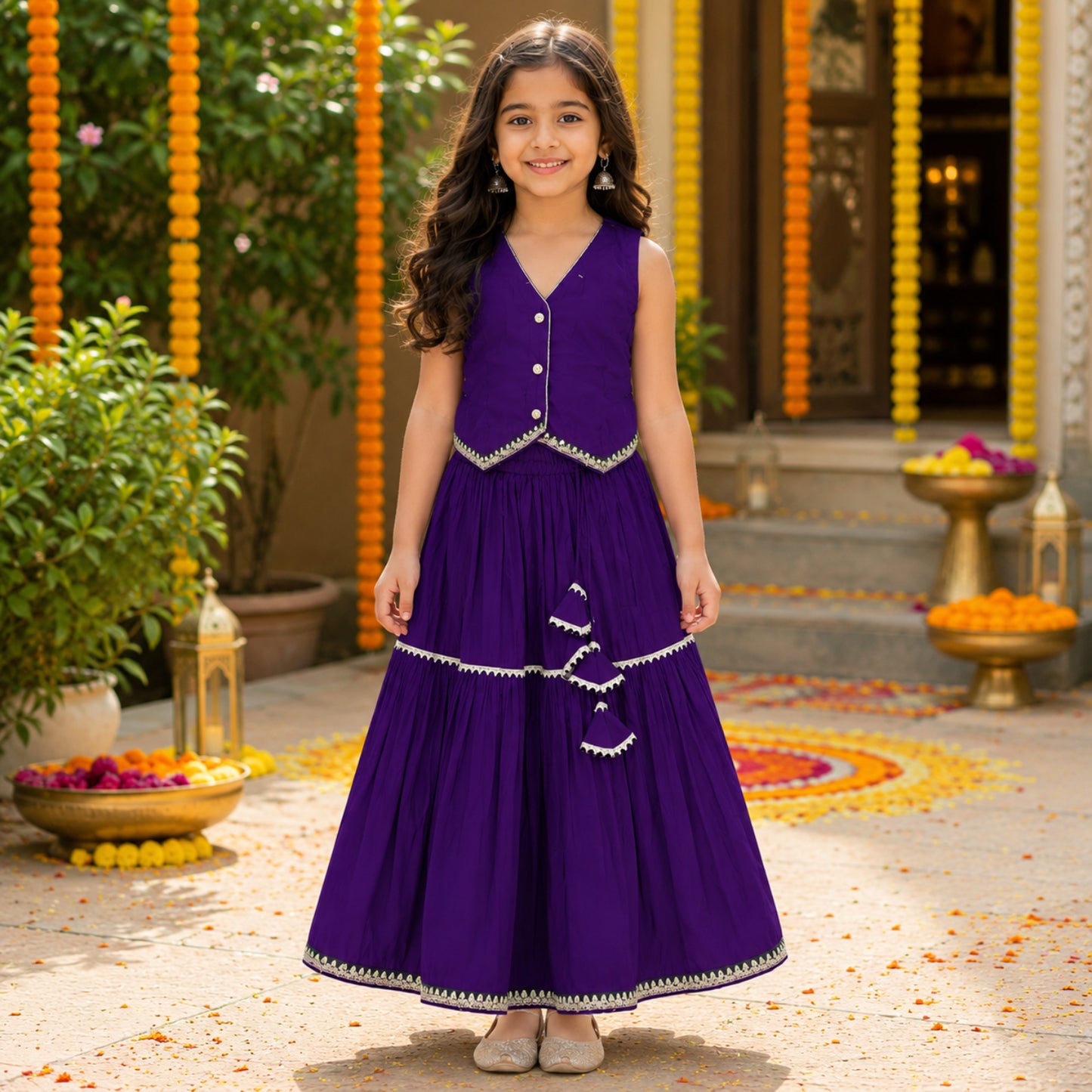 The Magic Wand Woven Sleeveless Contrast Lace Waistcoat Style Choli And Lehenga Set - Purple