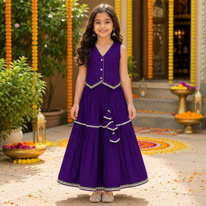 The Magic Wand Woven Sleeveless Contrast Lace Waistcoat Style Choli And Lehenga Set - Purple