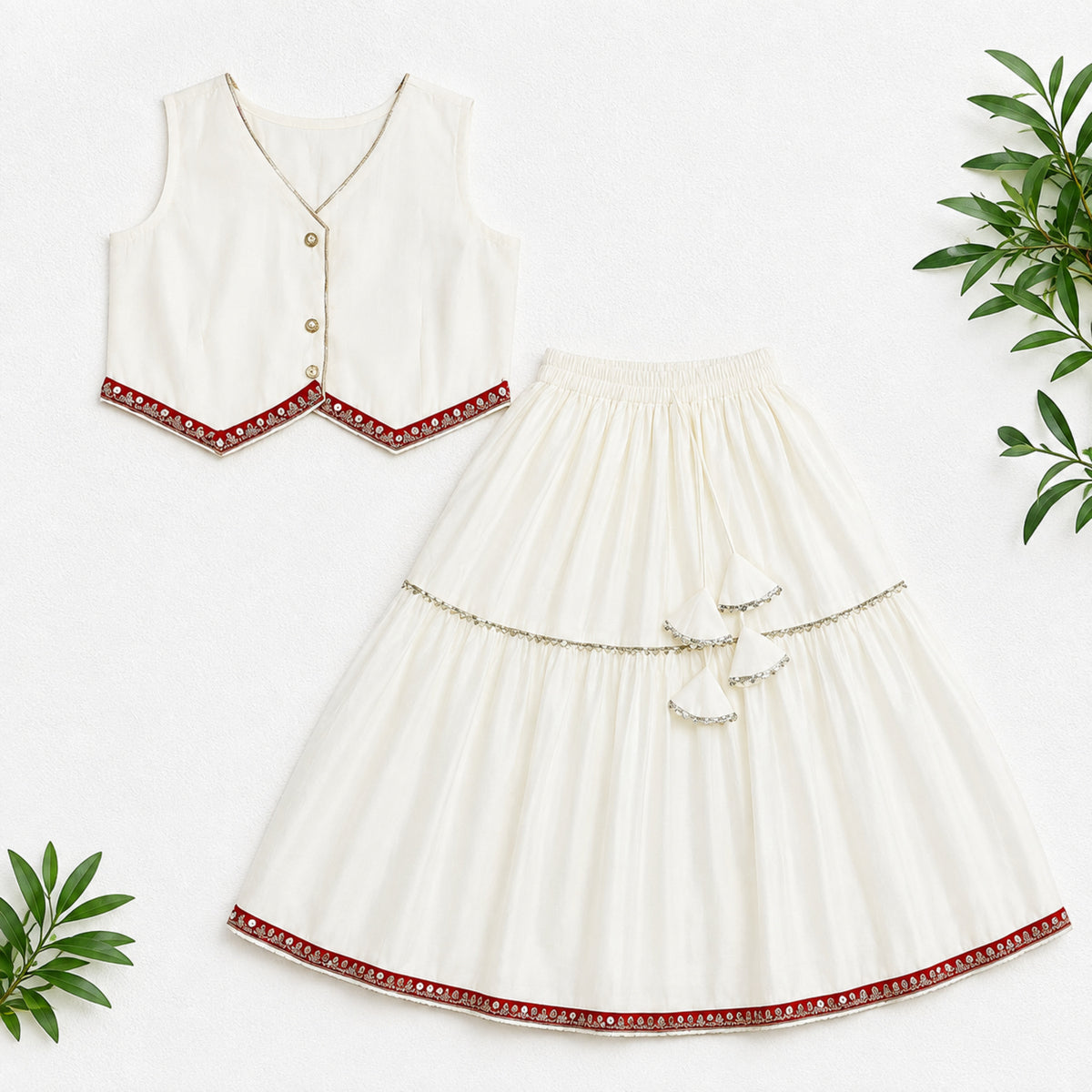 The Magic Wand Woven Sleeveless Contrast Lace Waistcoat Style Choli And Lehenga Set - White