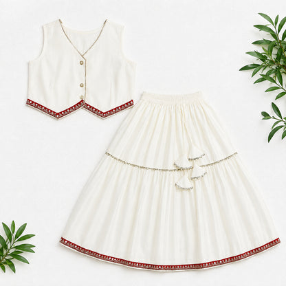 The Magic Wand Woven Sleeveless Contrast Lace Waistcoat Style Choli And Lehenga Set - White