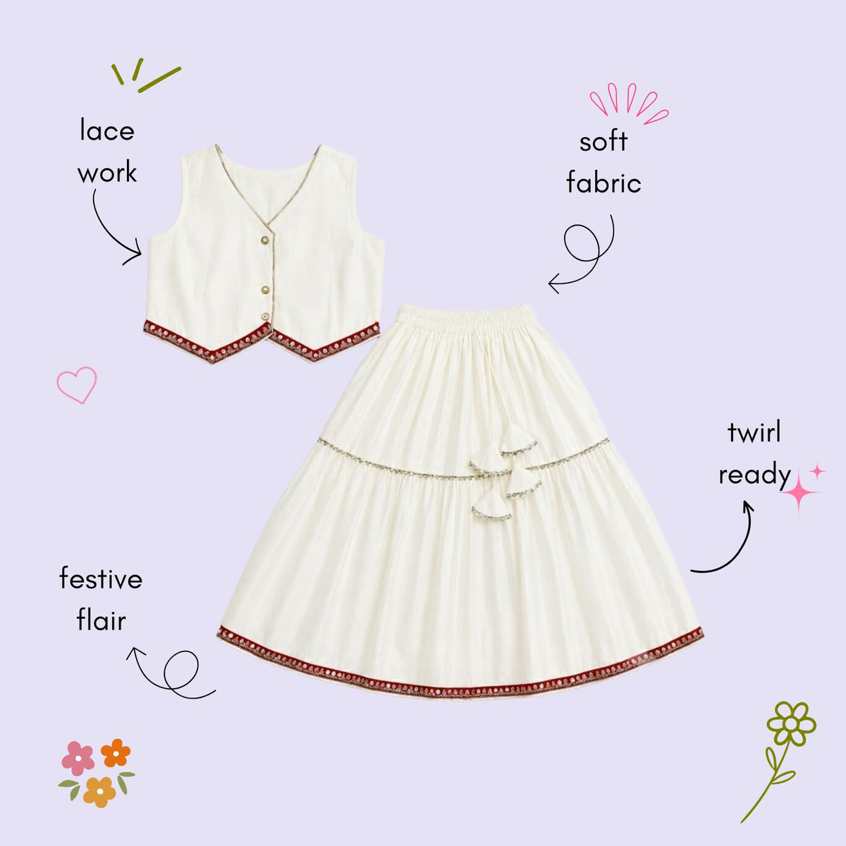 The Magic Wand Woven Sleeveless Contrast Lace Waistcoat Style Choli And Lehenga Set - White