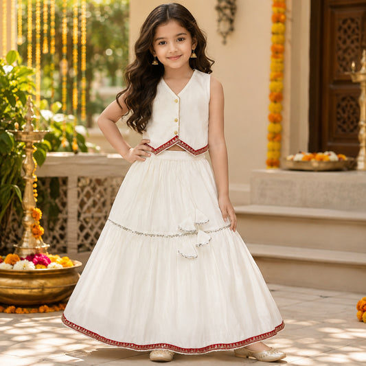 The Magic Wand Woven Sleeveless Contrast Lace Waistcoat Style Choli And Lehenga Set - White
