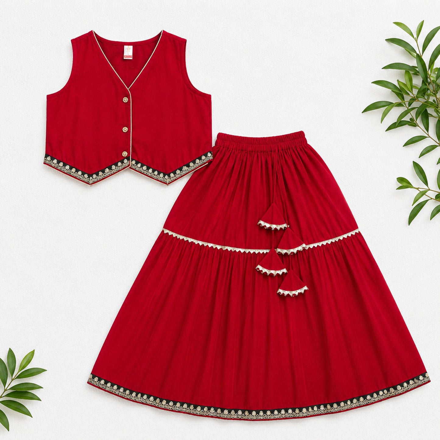 The Magic Wand Woven Sleeveless Contrast Lace Waistcoat Style Choli And Lehenga Set - Red
