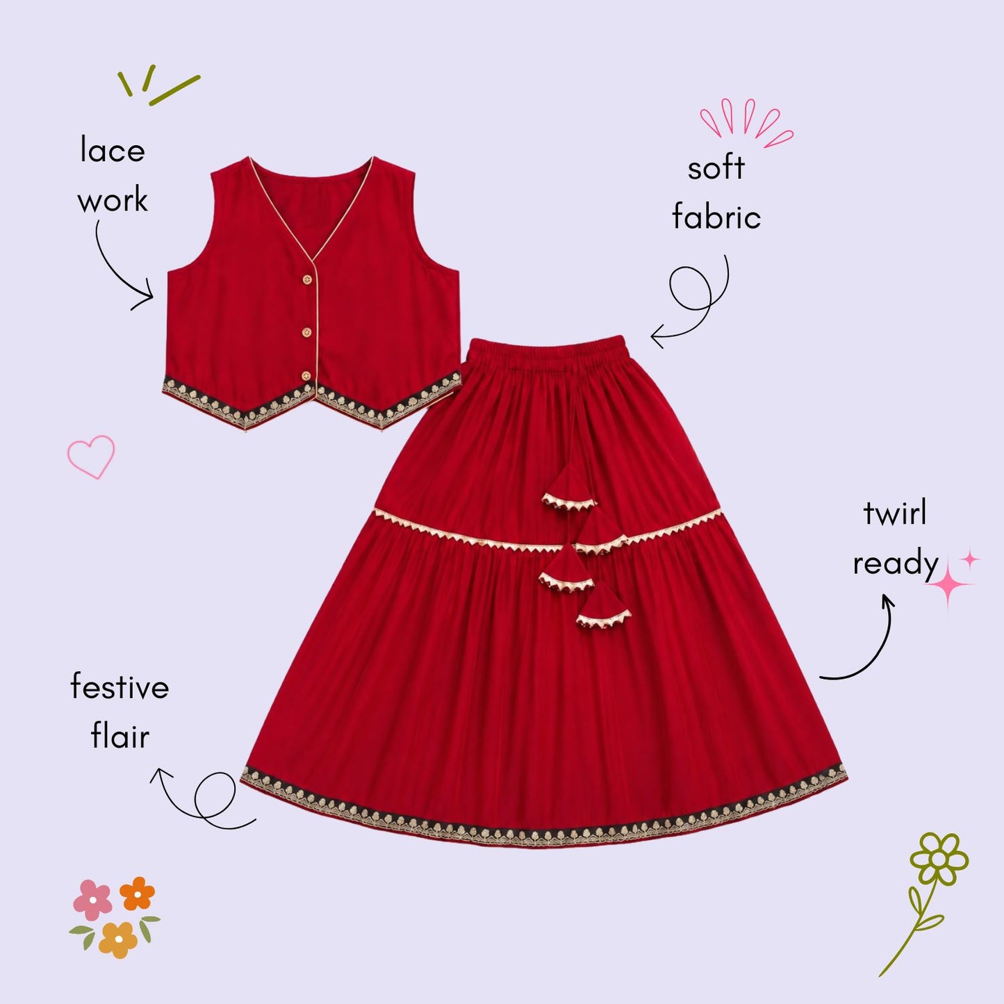 The Magic Wand Woven Sleeveless Contrast Lace Waistcoat Style Choli And Lehenga Set - Red