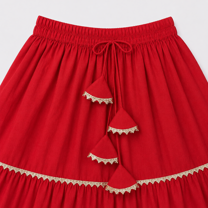 The Magic Wand Woven Sleeveless Contrast Lace Waistcoat Style Choli And Lehenga Set - Red