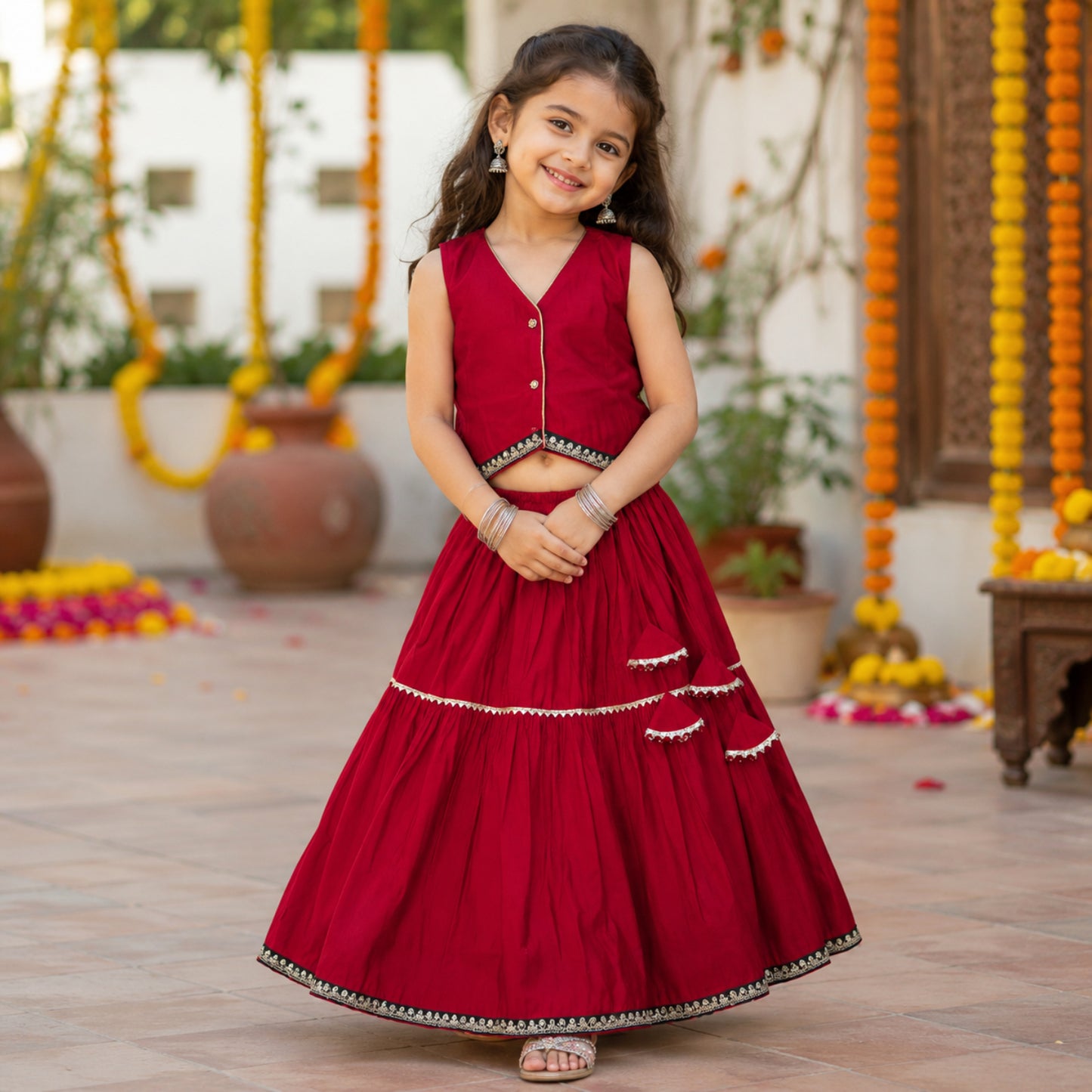 The Magic Wand Woven Sleeveless Contrast Lace Waistcoat Style Choli And Lehenga Set - Red
