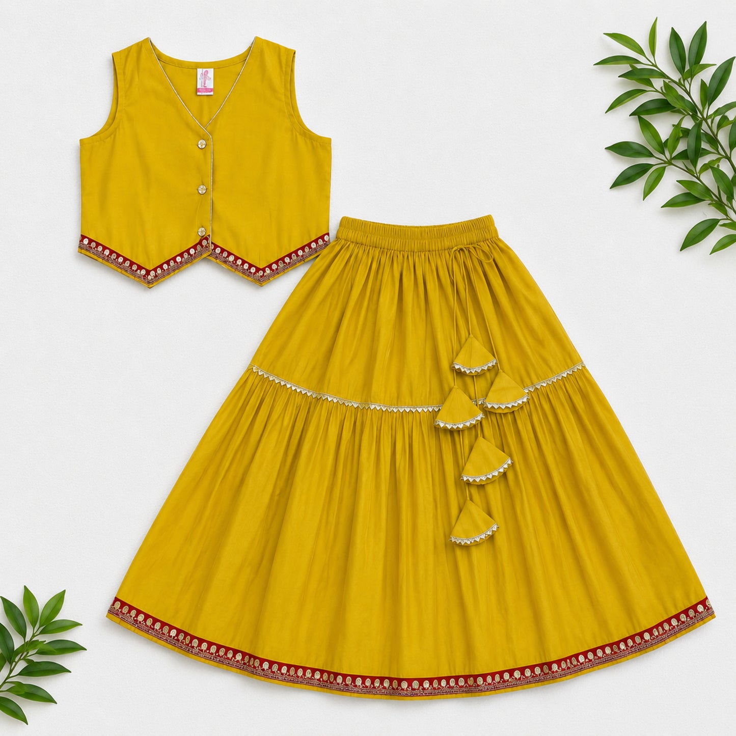 The Magic Wand Woven Sleeveless Contrast Lace Waistcoat Style Choli And Lehenga Set - Yellow