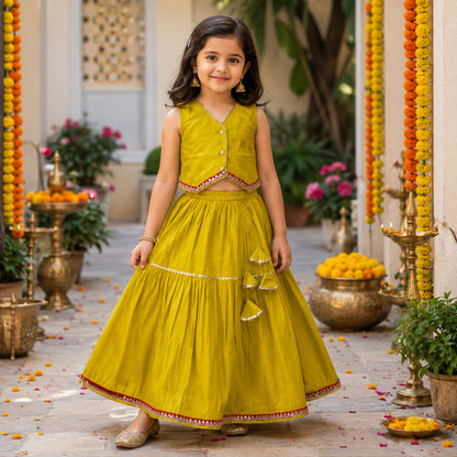 The Magic Wand Woven Sleeveless Contrast Lace Waistcoat Style Choli And Lehenga Set - Yellow