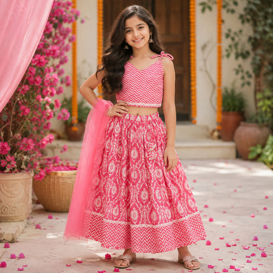 The Magic Wand Cotton Woven Chevron Printed Shoulder Tie-Up Choli And Paisley Printed Lehenga Set With Dupatta - Pink