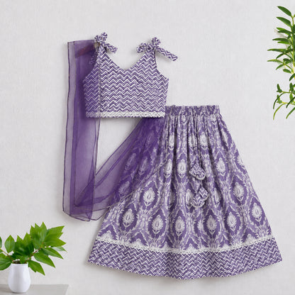The Magic Wand Cotton Woven Chevron Printed Shoulder Tie-Up Choli And Paisley Printed Lehenga Set With Dupatta - Lavender