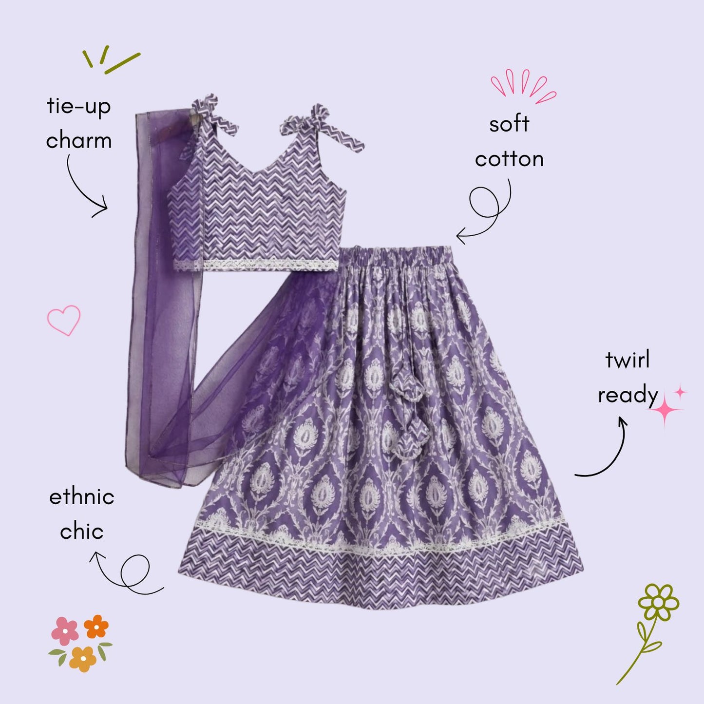 The Magic Wand Cotton Woven Chevron Printed Shoulder Tie-Up Choli And Paisley Printed Lehenga Set With Dupatta - Lavender