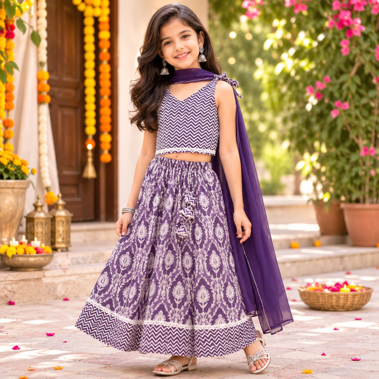 The Magic Wand Cotton Woven Chevron Printed Shoulder Tie-Up Choli And Paisley Printed Lehenga Set With Dupatta - Lavender