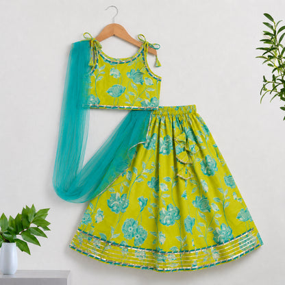The Magic Wand Cambric Woven Shoulder Tie-Up Floral Vine Printed Choli And Lehenga Set With Dupatta - Green
