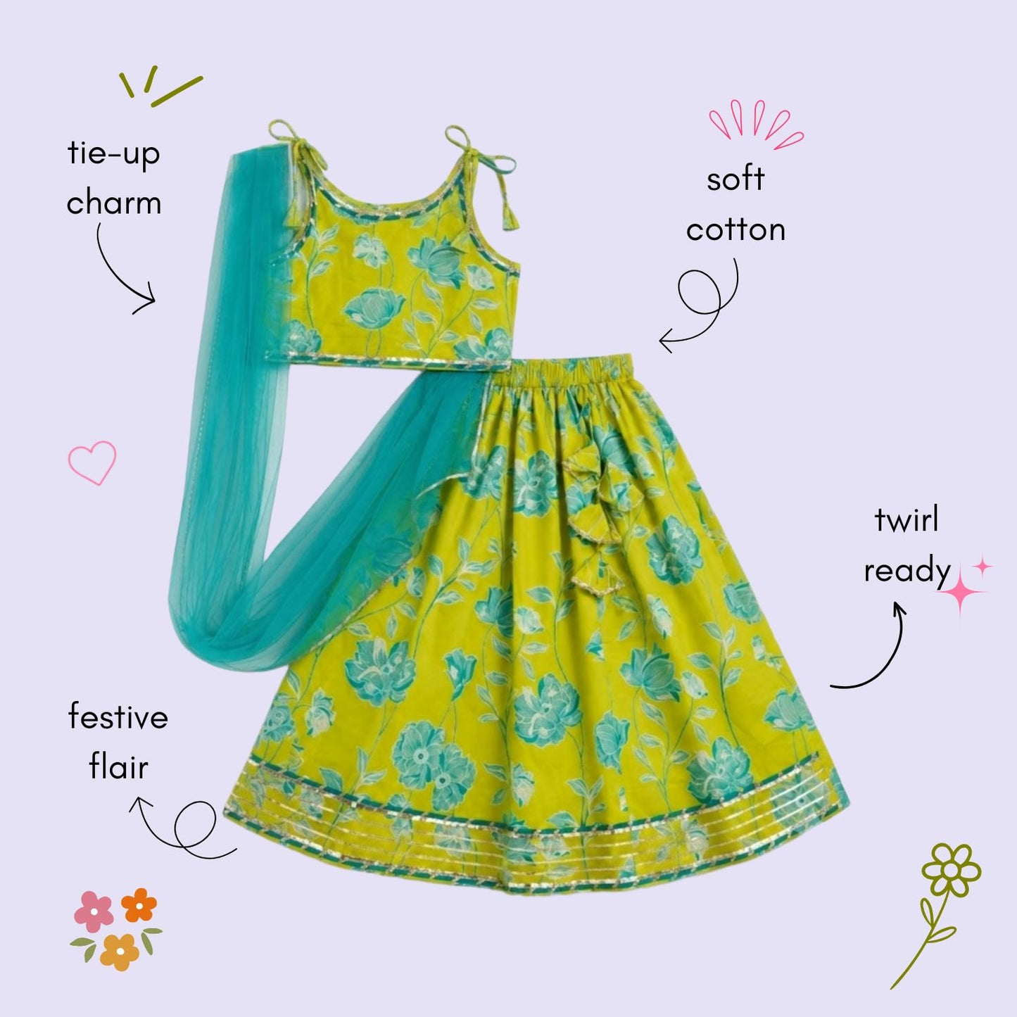 The Magic Wand Cambric Woven Shoulder Tie-Up Floral Vine Printed Choli And Lehenga Set With Dupatta - Green