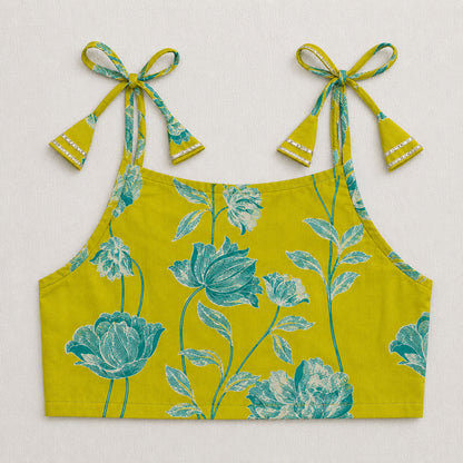 The Magic Wand Cambric Woven Shoulder Tie-Up Floral Vine Printed Choli And Lehenga Set With Dupatta - Green