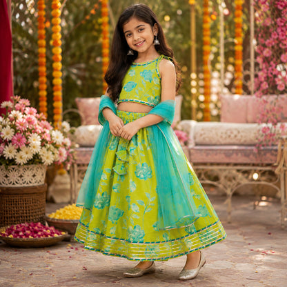 The Magic Wand Cambric Woven Shoulder Tie-Up Floral Vine Printed Choli And Lehenga Set With Dupatta - Green