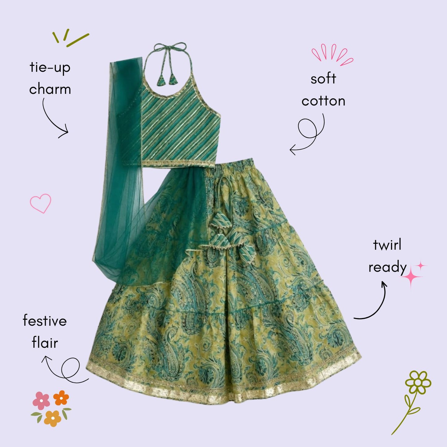 The Magic Wand Cambric Woven Diagonal Stipes Printed Halter Neck Choli And Paisley Printed Lehenga Set With Dupatta - Teal Green