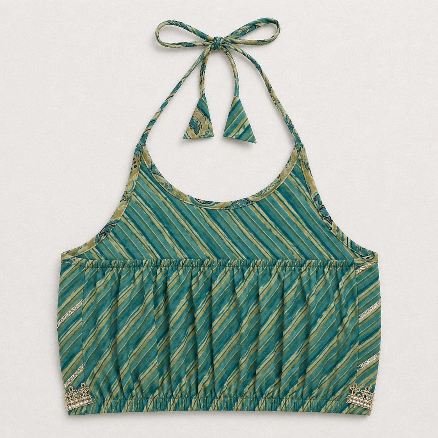 The Magic Wand Cambric Woven Diagonal Stipes Printed Halter Neck Choli And Paisley Printed Lehenga Set With Dupatta - Teal Green