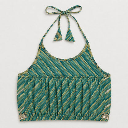 The Magic Wand Cambric Woven Diagonal Stipes Printed Halter Neck Choli And Paisley Printed Lehenga Set With Dupatta - Teal Green