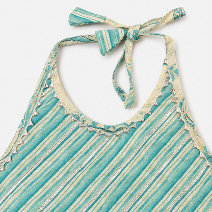The Magic Wand Cambric Woven Diagonal Stipes Printed Halter Neck Choli And Paisley Printed Lehenga Set With Dupatta - Teal Green