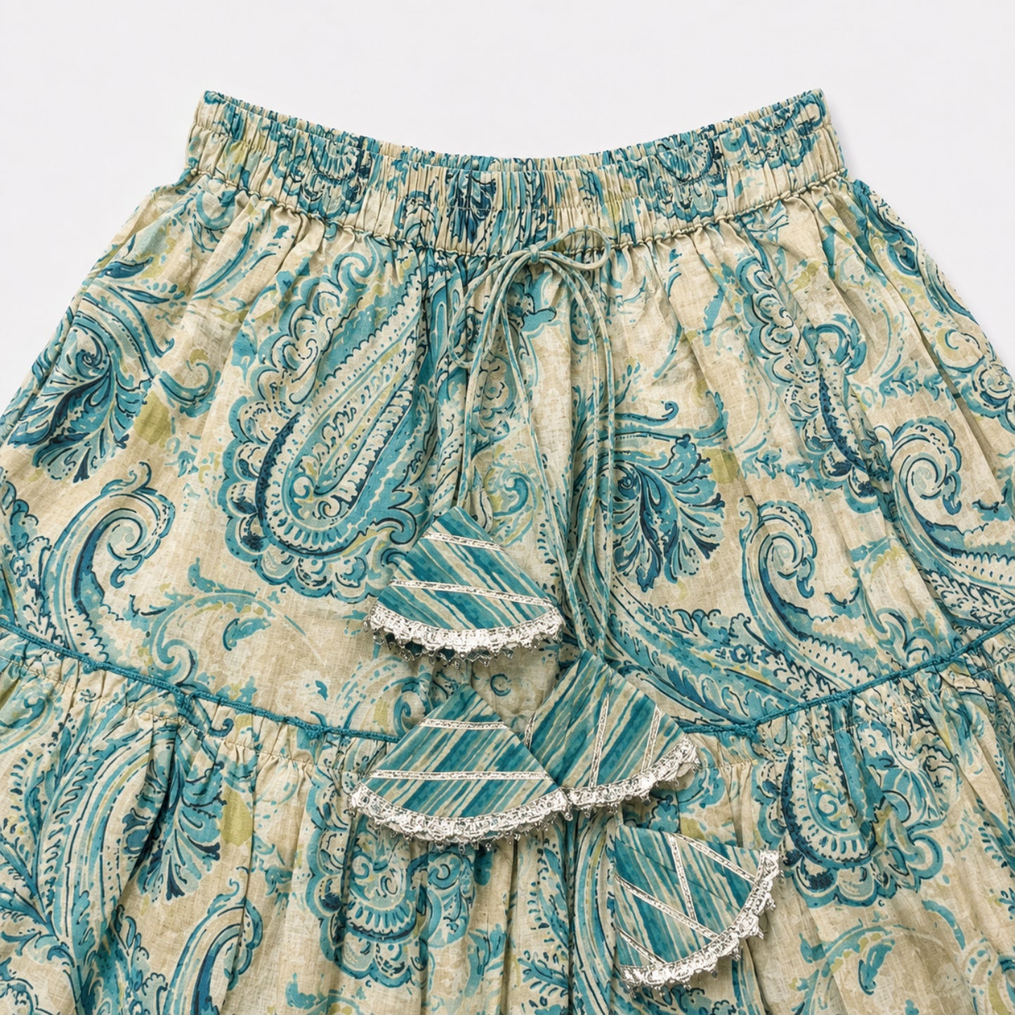 The Magic Wand Cambric Woven Diagonal Stipes Printed Halter Neck Choli And Paisley Printed Lehenga Set With Dupatta - Teal Green