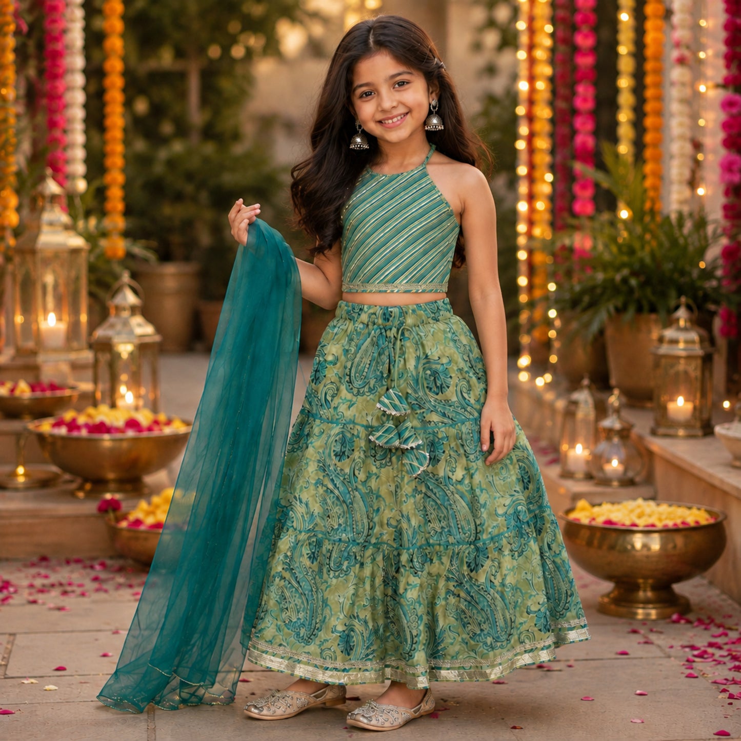 The Magic Wand Cambric Woven Diagonal Stipes Printed Halter Neck Choli And Paisley Printed Lehenga Set With Dupatta - Teal Green
