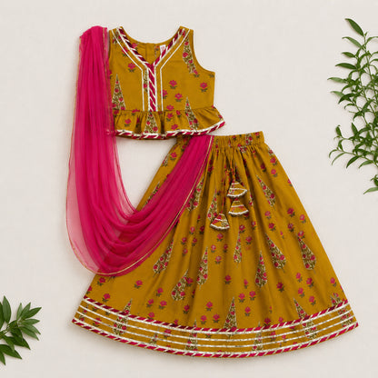 The Magic Wand Cambric Woven Laced Paisley Buta Printed Choli And Lehenga Set With Dupatta - Mustard