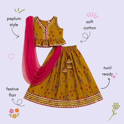 The Magic Wand Cambric Woven Laced Paisley Buta Printed Choli And Lehenga Set With Dupatta - Mustard