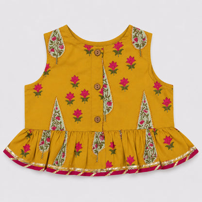 The Magic Wand Cambric Woven Laced Paisley Buta Printed Choli And Lehenga Set With Dupatta - Mustard