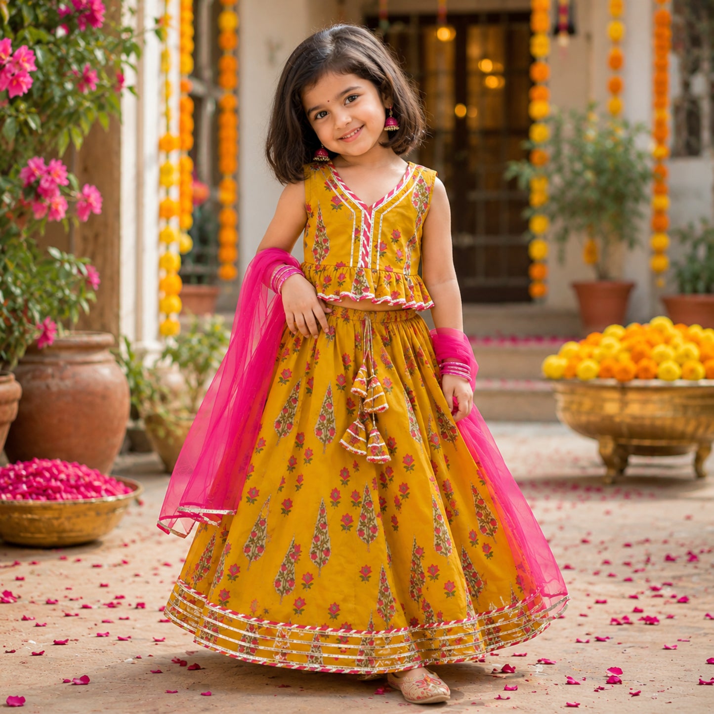 The Magic Wand Cambric Woven Laced Paisley Buta Printed Choli And Lehenga Set With Dupatta - Mustard