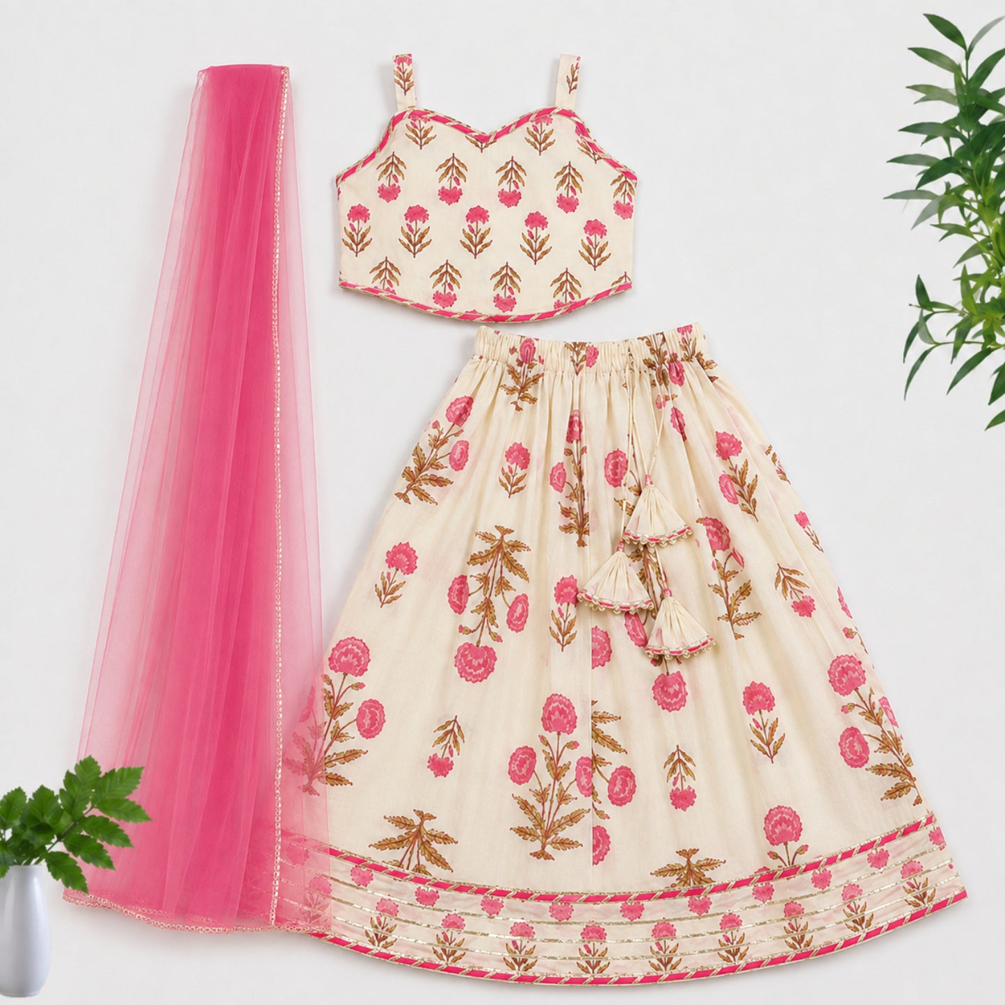 The Magic Wand Cambric Woven Laced Floral Buta Printed Sweetheart Neck Choli And Lehenga Set With Dupatta - Off White