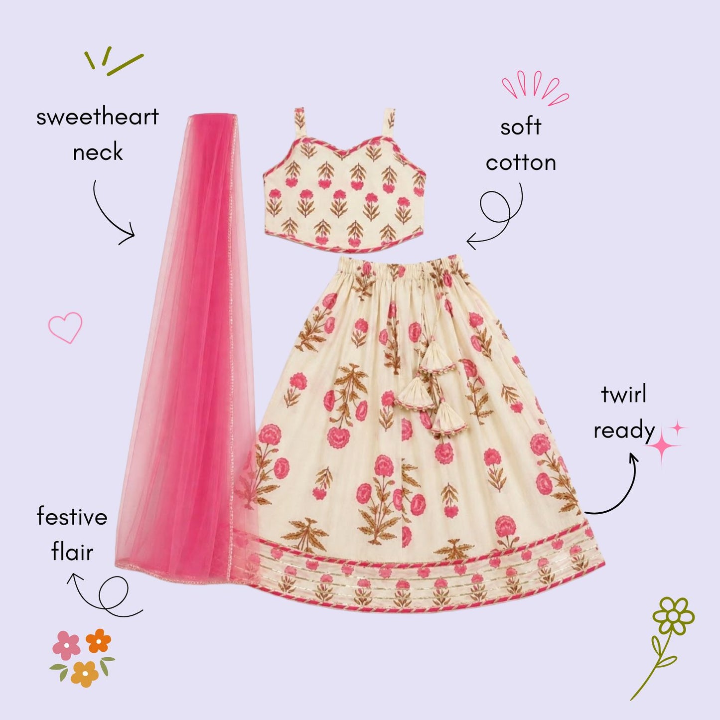 The Magic Wand Cambric Woven Laced Floral Buta Printed Sweetheart Neck Choli And Lehenga Set With Dupatta - Off White