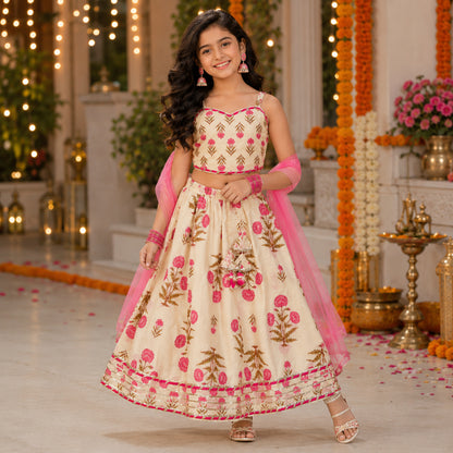 The Magic Wand Cambric Woven Laced Floral Buta Printed Sweetheart Neck Choli And Lehenga Set With Dupatta - Off White