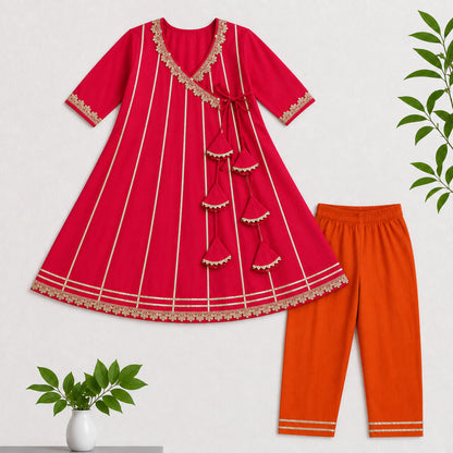 The Magic Wand Woven Three Fourth Sleeves Gota Laced Angrakha Kurta And Contrast Pant Set - Fuchsia