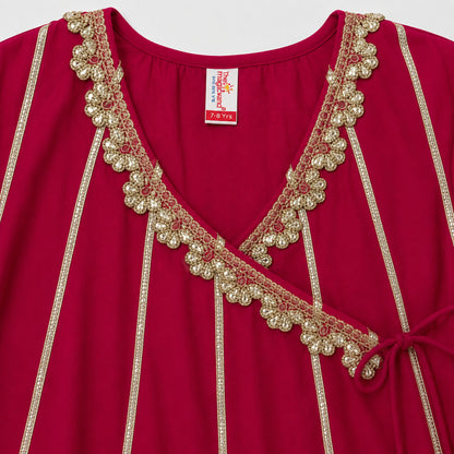 The Magic Wand Woven Three Fourth Sleeves Gota Laced Angrakha Kurta And Contrast Pant Set - Fuchsia