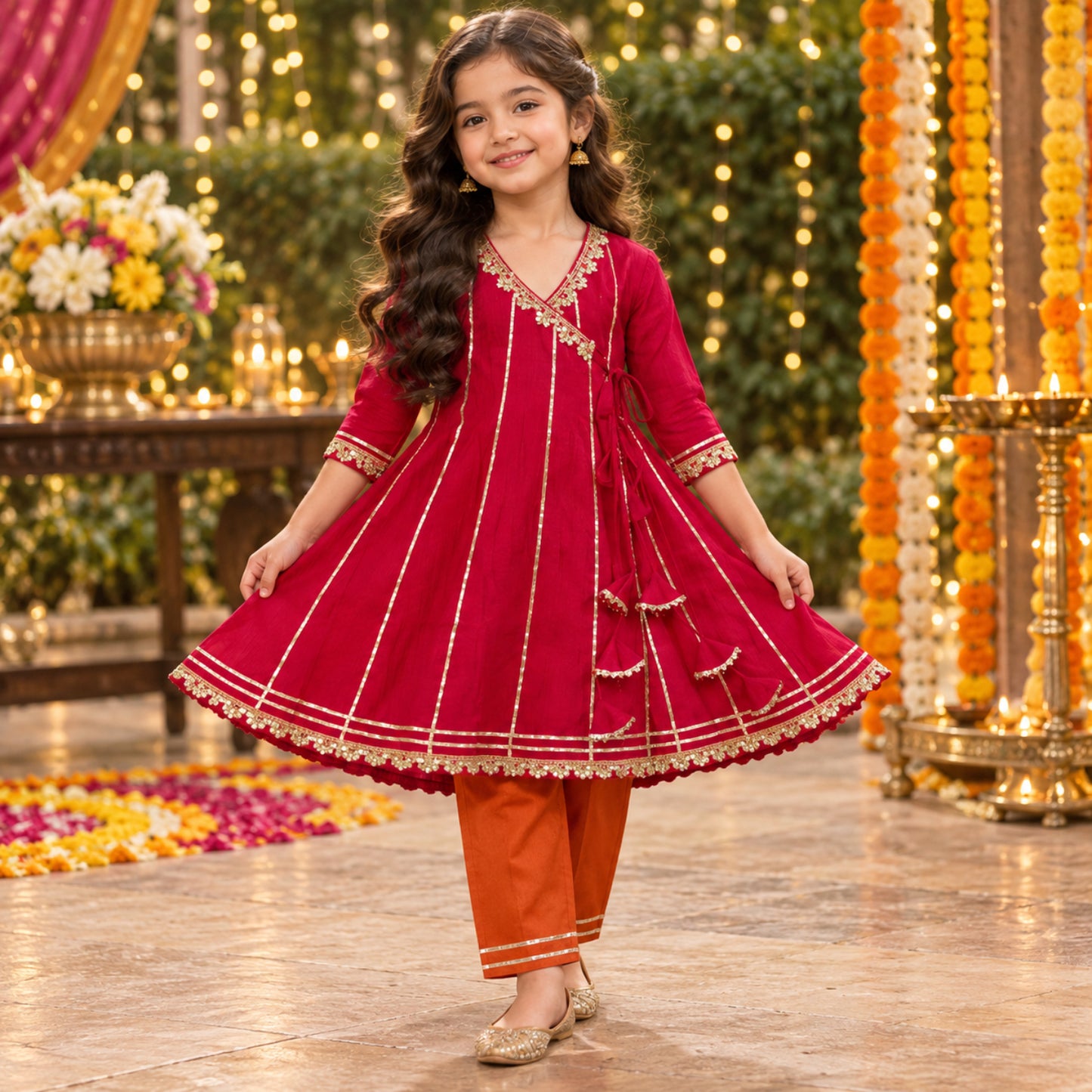 The Magic Wand Woven Three Fourth Sleeves Gota Laced Angrakha Kurta And Contrast Pant Set - Fuchsia