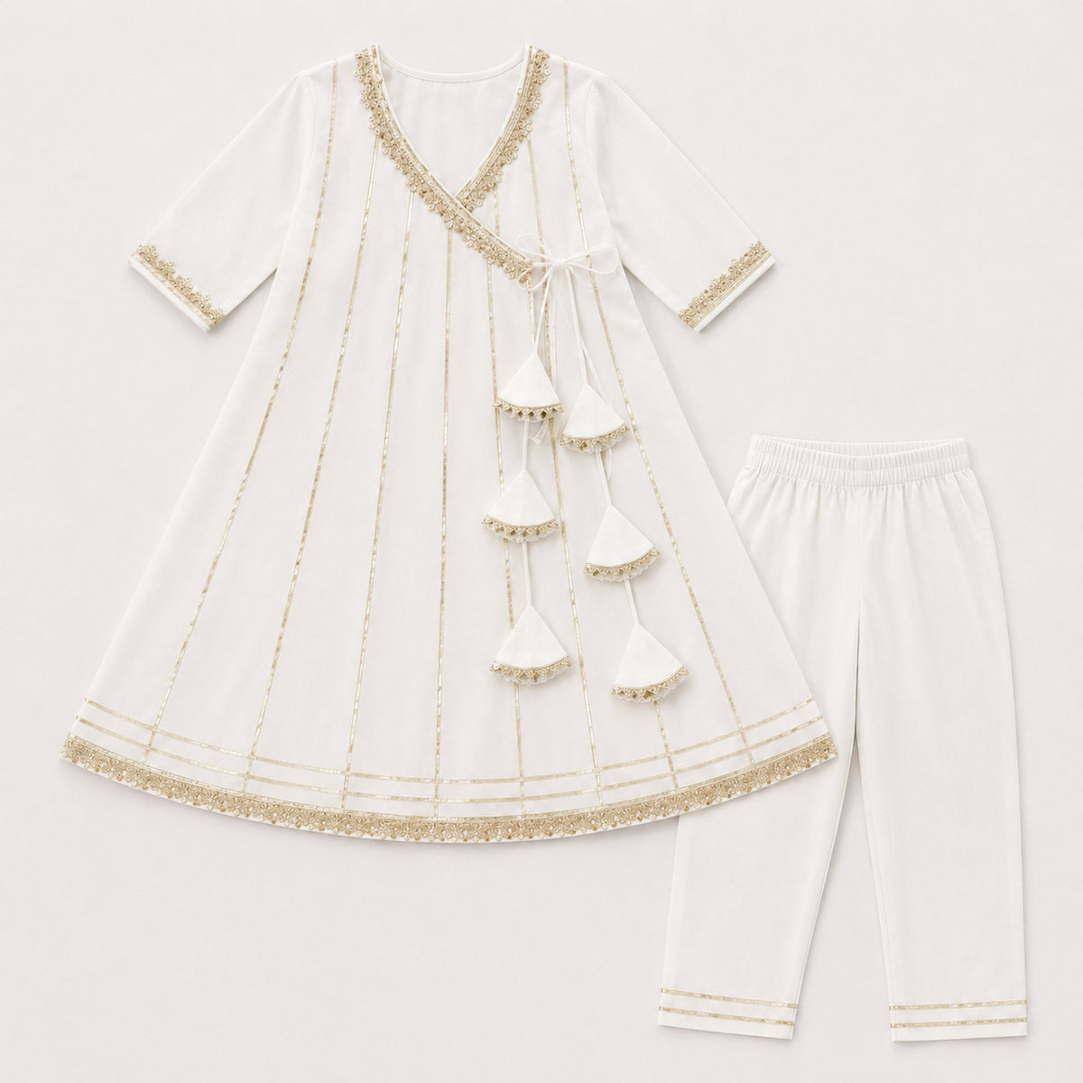 The Magic Wand Woven Three Fourth Sleeves Gota Laced Angrakha Kurta And Pant Set - White