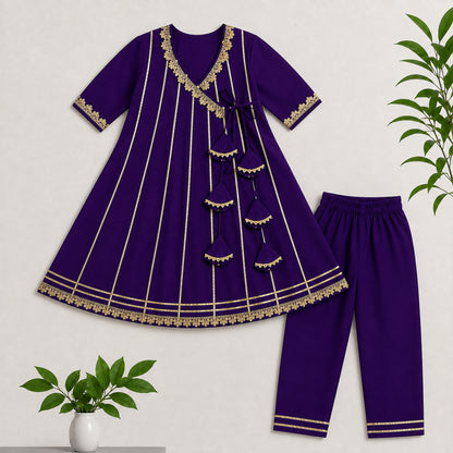 The Magic Wand Woven Three Fourth Sleeves Gota Laced Angrakha Kurta And Pant Set - Purple