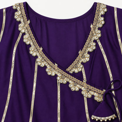 The Magic Wand Woven Three Fourth Sleeves Gota Laced Angrakha Kurta And Pant Set - Purple