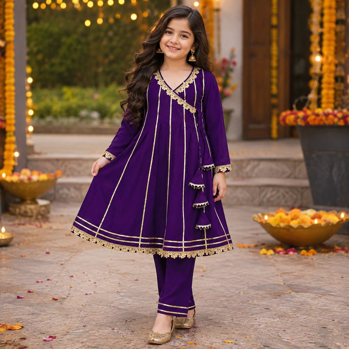 The Magic Wand Woven Three Fourth Sleeves Gota Laced Angrakha Kurta And Pant Set - Purple